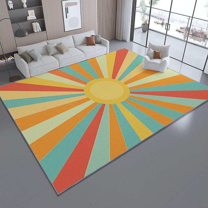 2x3 Washable Area Rug, Colorful Retro Sunburst Stripes Design Non Slip Non-Shedding Rug Easy Care for Living Room Bedroom Kitchen Office Carpet