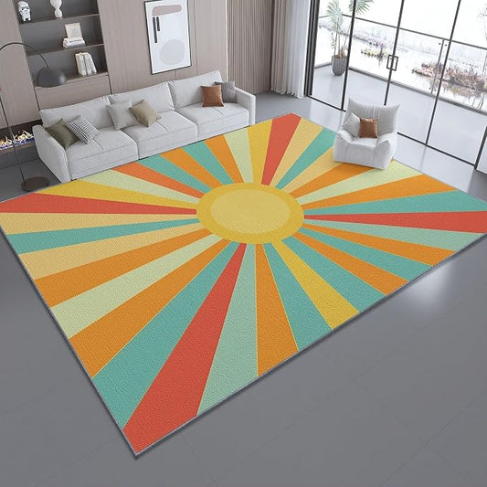 5x6 Washable Area Rug, Colorful Retro Sunburst Stripes Design Non Slip Non-Shedding Rug Easy Care for Living Room Bedroom Kitchen Office Carpet
