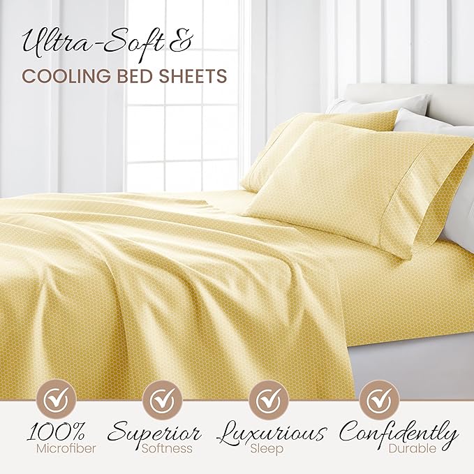 Linen Market Patterned Microfiber Queen Sheet Set 4 Piece – Oeko-TEX Certified Ultra Soft & Wrinkle-Free - 16" Deep Pocket Sheets - Easy Care Queen Size - Honeycomb Yellow