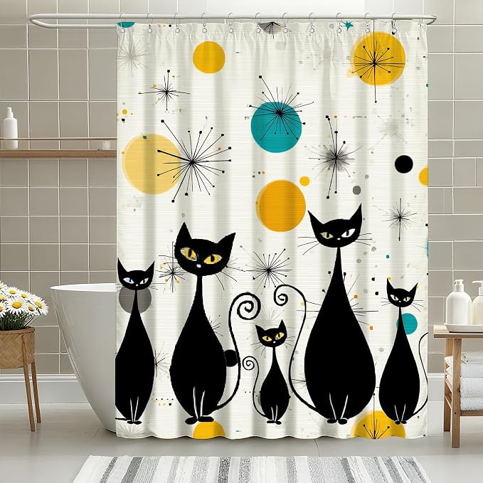 Mid Century Shower Curtain Cute Cats Shower Curtains for Bathroom Waterproof Fabric Bath Curtain Decor with Hooks