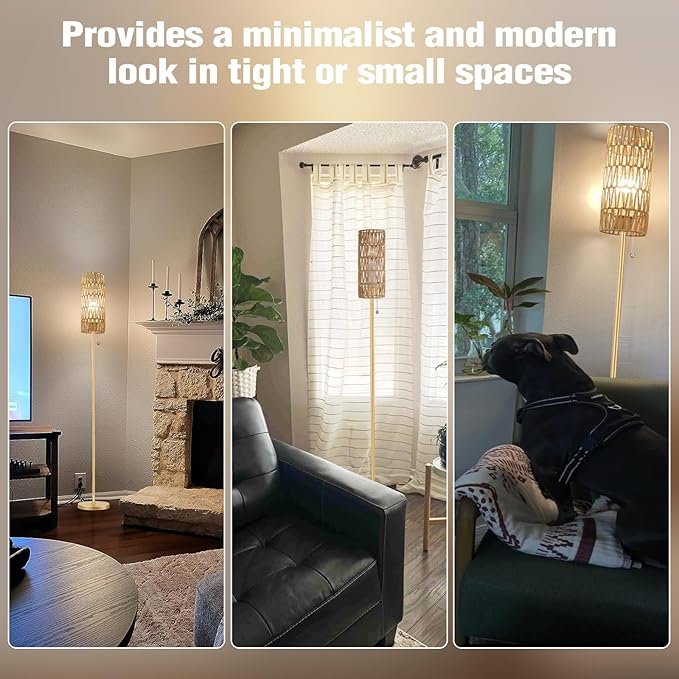 Ambimall 64'' Floor Lamp for Living Room with 3 Color Temperatures Bulb, Boho Gold Standing Lamp with Beige Rattan Shade