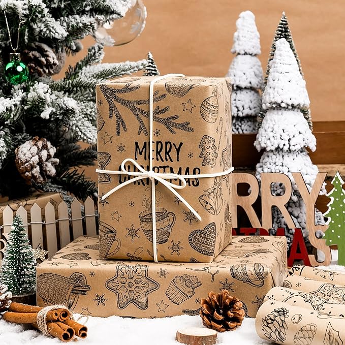 MAYPLUSS Kraft Christmas Wrapping Paper Jumbo Roll - 30 In X 120 In Per Roll - Vintage Brown Kraft Christmas Ornaments, Gingerbread Cookies, Pinecone & Deer Print Winter Gift Wrap for Rustic Holiday