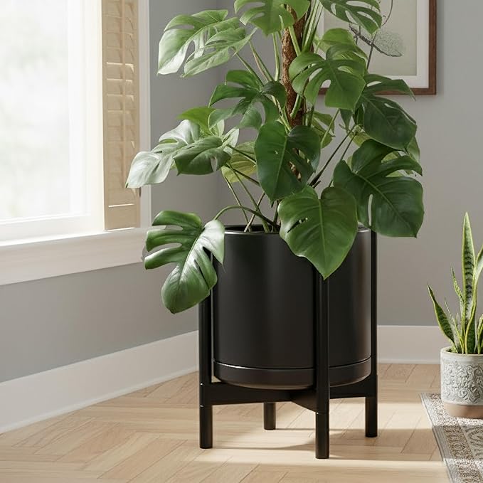 D'vine Dev Ceramic Planter with Ebony Stand - 14 Inch Modern Round Flower Pot with Wood Planter Holder, Black, 55-B-S-2