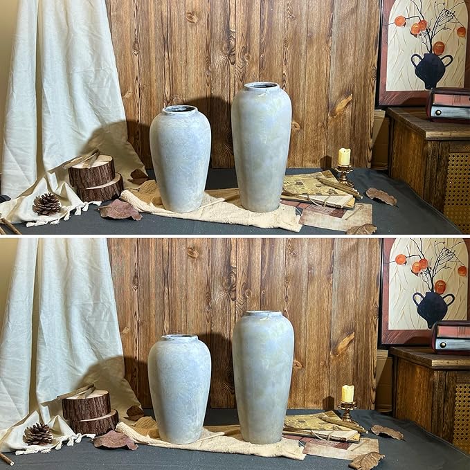 12 Inch Ceramic Rustic Vase, White Grey Farmhouse Flower Vases for Centerpieces & Home Decor, Handmade Pottery Vase for Living Room, Bedroom & Wedding Decor, Vintage Ceramic Vases for Gifts