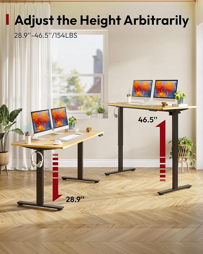 SANODESK Electric Standing Desk 60 x 24 Inches Whole-Piece Desktop Height Adjustable Stand Up Desk w/6-Button Controller Ergonomic Computer Desk for Home Office, Black Frame + Natural Tabletop