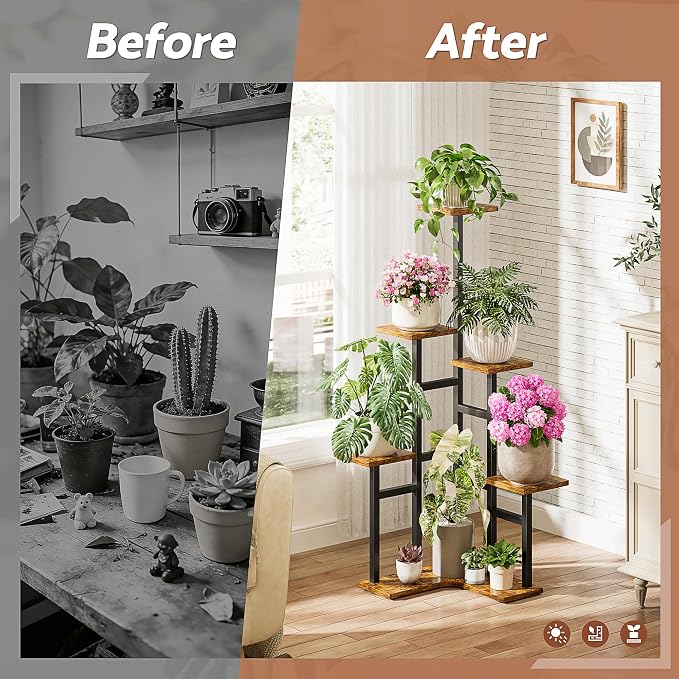5 Tier Corner Plant Stand Indoor Wood, Metal Plant Shelf Outdoor, Tall Plant Stands Plant Tables Indoor Plant Rack Tiered Plant Stand Garden Accessories for Balcony Patio -BlackSquare
