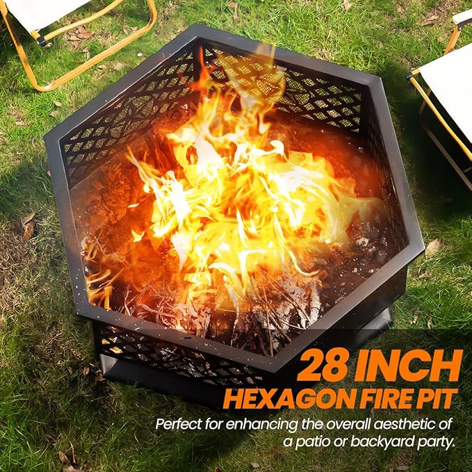 Panovue 28 Inch Hex-Shaped Fire Pit,Wood Burning Fire Pits for Outside with Spark Screen&Poker,Metal Hexagon Outdoor Firepit for Backyard,Bonfire,Patio,Party,Garden,Picnic and Camping(28'' Black)