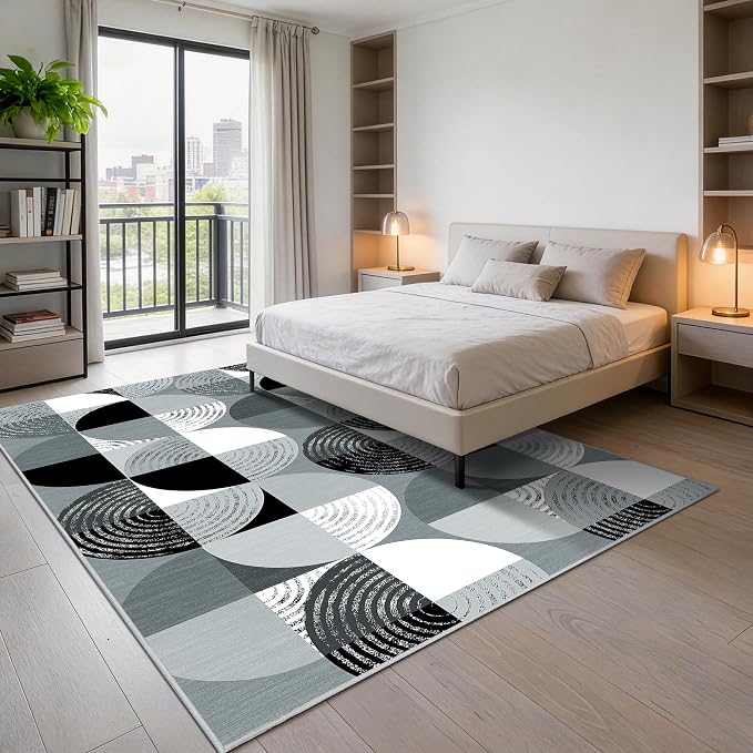 Merelax 5x8 Area Rug for Bedroom Livingroom - Washable Non-Slip Large Area Rug, Indoor Floor Carpet Low Pile Soft Rug for Dining Room, Mudroom, Modern Aesthetic Abstract Geometric Decor, Black/Grey