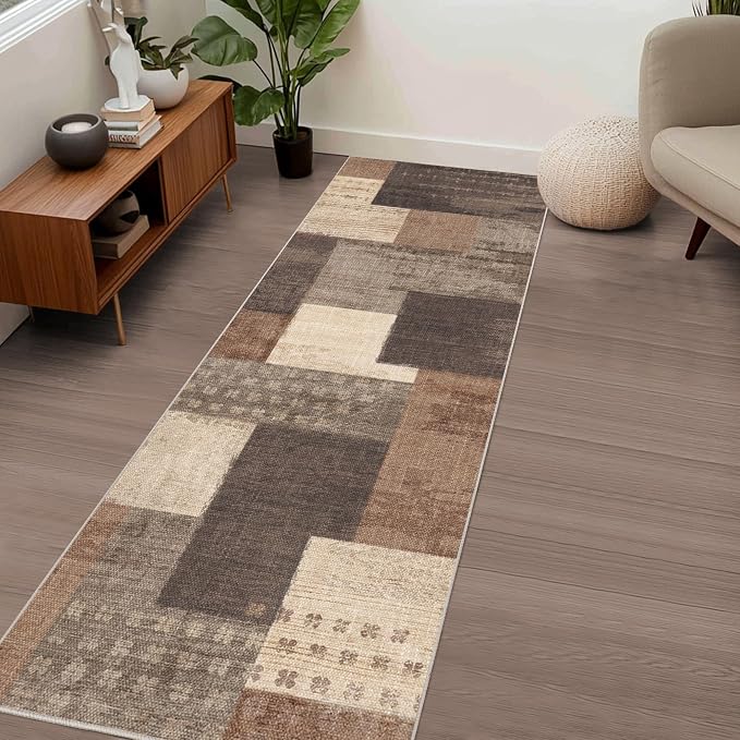Modern Geometric Patchwork Indoor Runner Rug for Living Room, Beige 2.7'x 8' Large Rug Rockwood Collection Hardwood Floors Decor for Bedroom, Beige Throw Carpet for Office Entryway Dining Room