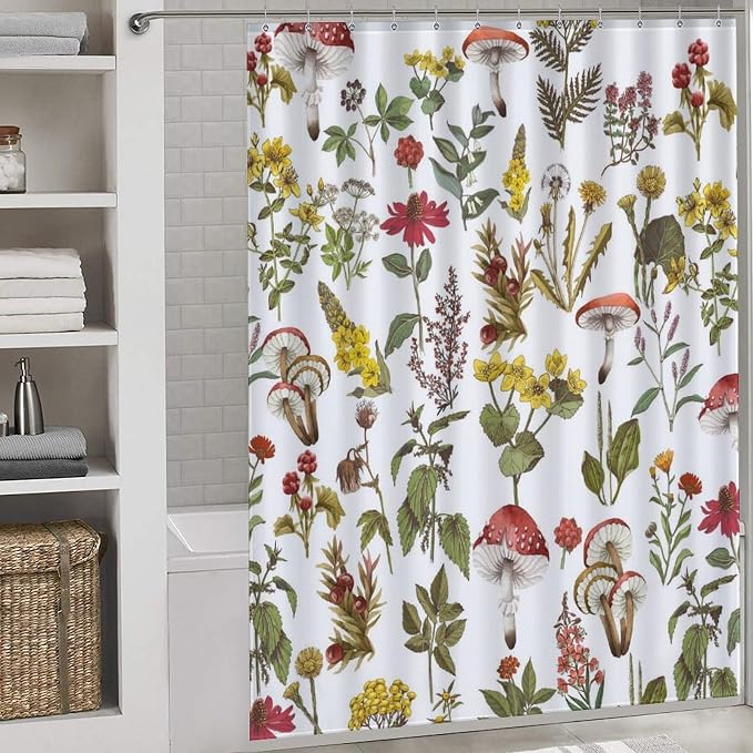 Mushroom Shower Curtain for Bathroom, Farmhouse Wildflower Botanical Mushroom Plants Leaf Sage Green Rustic Vintage Cottagecore Nature Waterproof Fabric Shower Curtain Set with Hooks, 72"x78" Inch