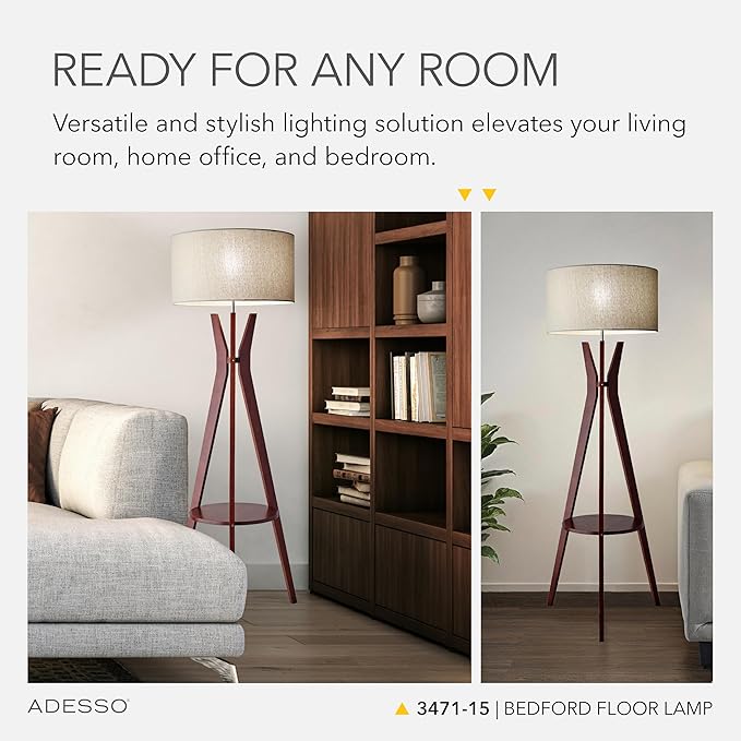 Adesso Floor Lamp with Walnut Wood and Oatmeal Linen Lampshade – 3-Way Adjustable Brightness, Lamp with Shelf for Bedroom, Living Room, and House Décor, 59.5” x 20”
