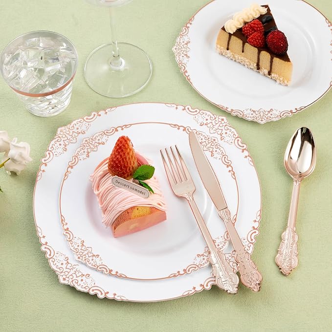 150PCS Rose Gold Plastic Silverware for 50 Guests, Heavy Duty Rose Gold Disposable Utensils Sets, Includes 50 Forks, 50 Spoons, 50 Knives, Elegant Cutlery Perfect for Party, Wedding