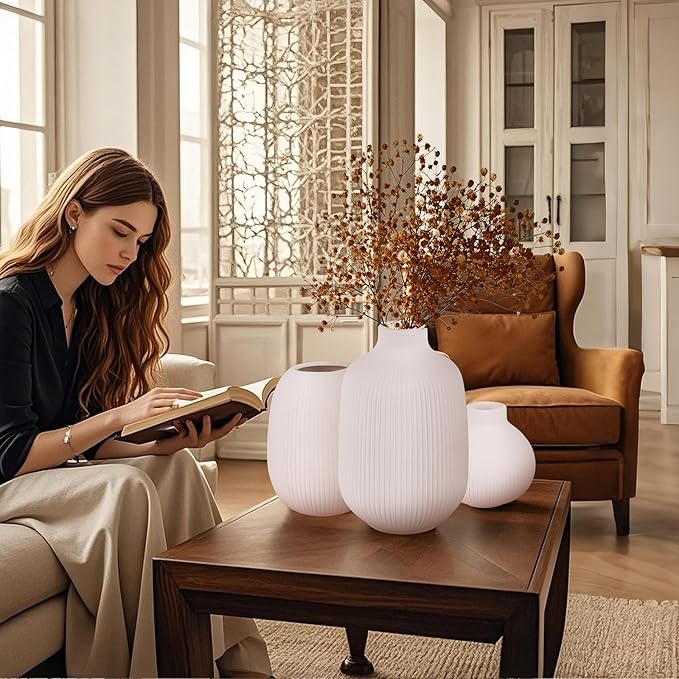 White Ceramic Vase Set of 3, Decorative Vases for Flowers, Home Decor Modern Minimalist Pottery Vases for Bouquet Pampas Grass Dried Fresh, Bookshelf, Shelf, Bedroom, Entryway Mantel Decor