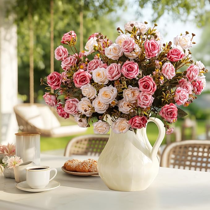 Artificial Rose Flowers for Outdoor 4 Bundles Rose Bouquet with Daisy Faux Flowers UV Resistant for Home Indoor Outside Garden Porch Window Box Balcony Yard Porch Decor (White+Pink)
