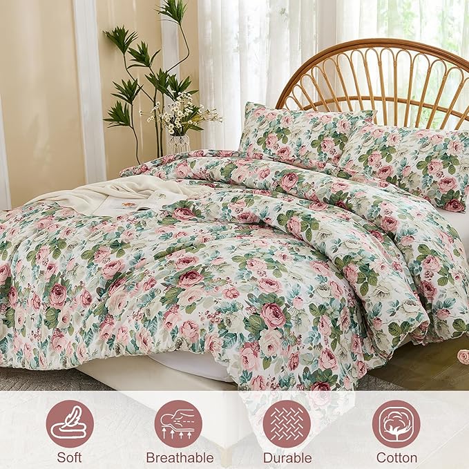 Rose Red Floral King Bedding Romantic Girls Comforter Set Soft Botanical Vintage & Country Home Decor for All Season