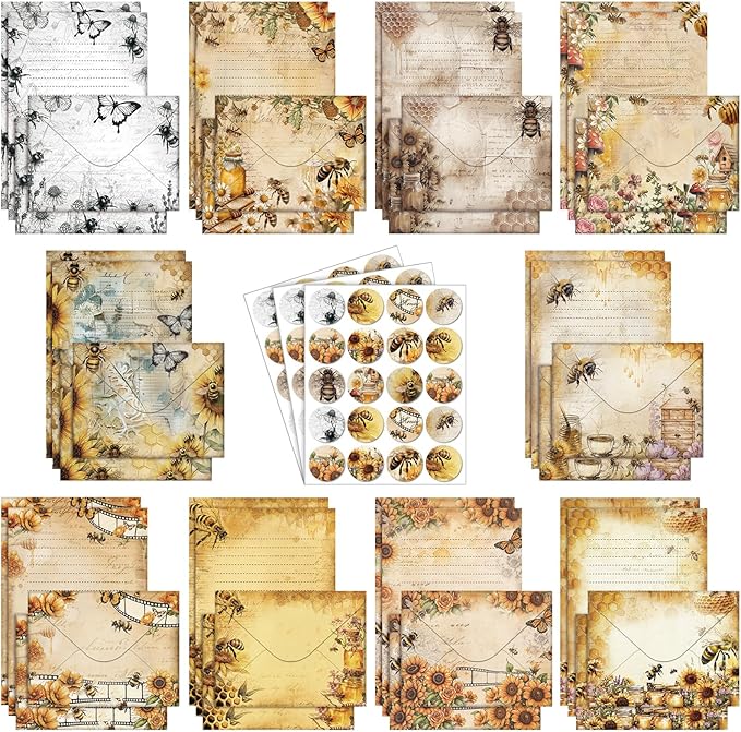 TaoBary 160 Pcs Stationery Paper Set 50 Double Sided Stationery Papers with 50 Matching Envelopes and 60 Round Dot Sticker, 10 Design (Vintage Bee Floral Butterfly,8.25 x 5.5 Inch)