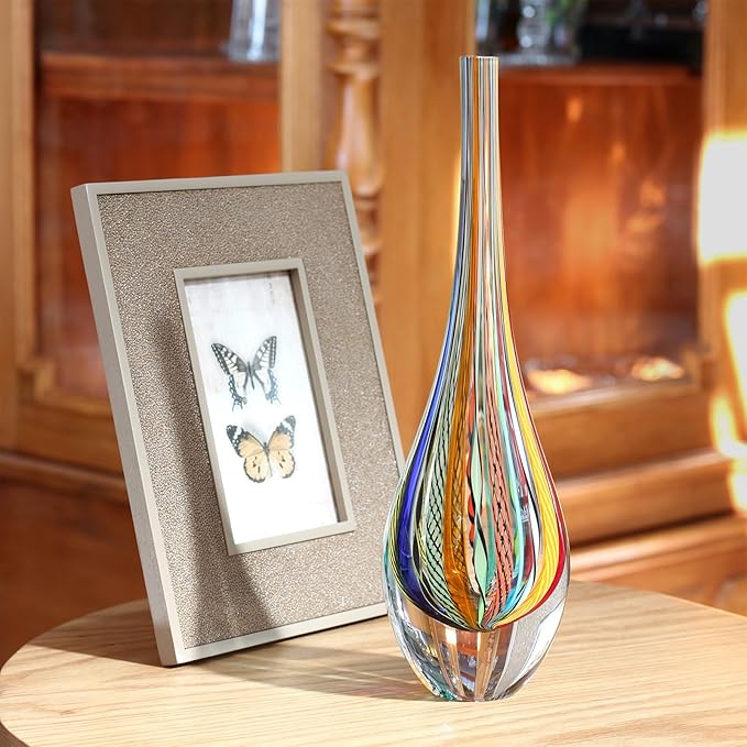 Ca D Oro Small Drop Glass Vase Boho with Colored Canes Hand Blown Murano-Style Art Glass - Model Tall