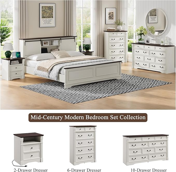 White Nightstand with Charging Station, Farmhouse Wood Bedside Table & End Table with 2 Drawers and Chic Wood Pilasters Design, Side Table Storage Cabinet with Metal Handles for Bedroom, Living Room