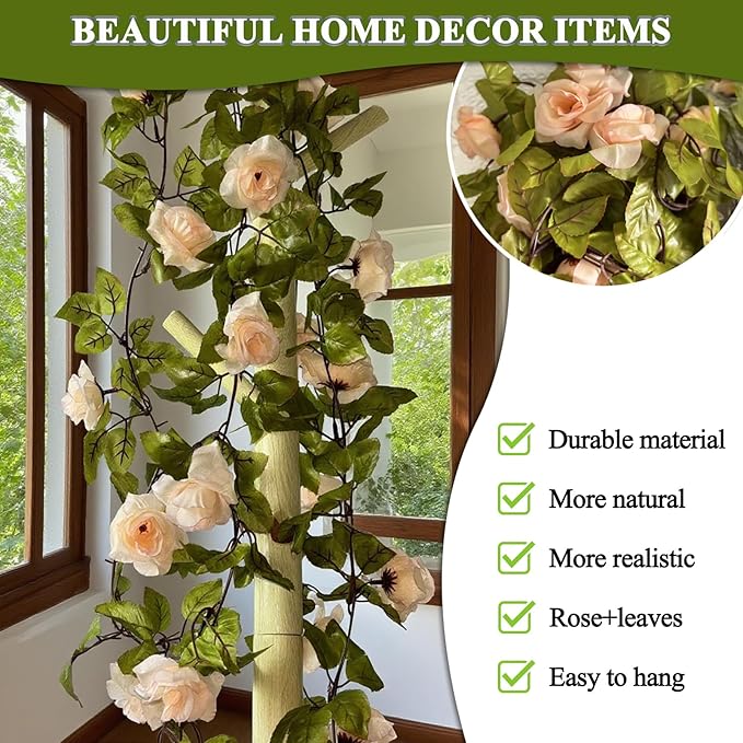 2PCS Artificial Flower,86.6 Inch Fake Rose Vine Hanging Floral Garland,Light Pink Artificial Silk Floral Hanging Ivy for Table Centerpiece Decor,Wedding Arch Ceremony,Outdoor Wall Decor