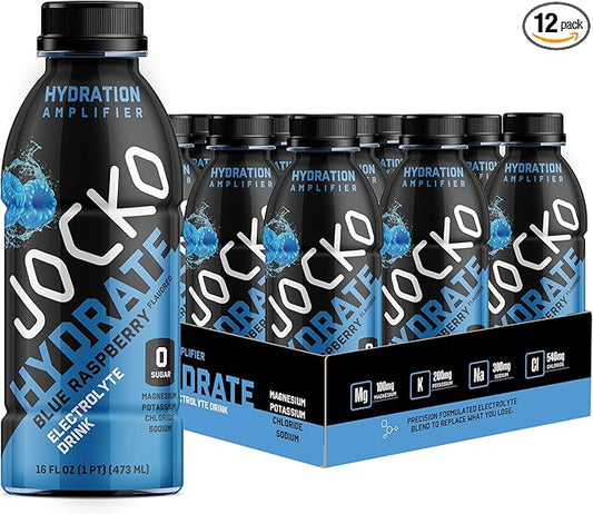 Jocko Fuel Hydrate Electrolyte Drinks - Sports Drink Hydration Amplifier, Thirst Quencher - Scientifically Formulated Electrolyte Blend Blue Raspberry 16 Oz (12 Pack)