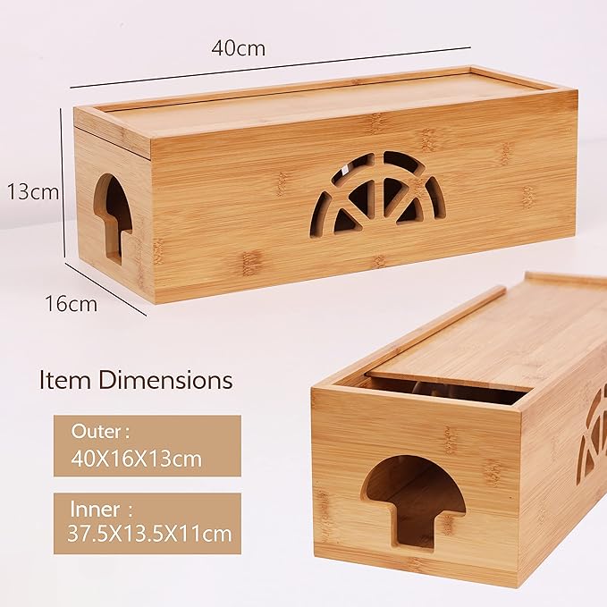 Extra Large Cable Management Box with Lid, Bamboo Cable Box for Cords, Power Strips or Surge Protectors, Hide Loose Wires Behind TVs, Home, Computers, Office Desks by HTB