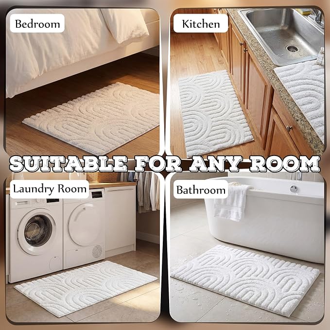 Drydiet White Boho Jacquard Bathroom Rug for Bathroom 3D Arched Stripes Non Slip Absorbent Extra Thick Soft Carpet, Plush Bath Rug with Rubber Backing for Bath Shower, 20''x30''