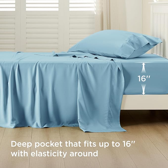 Bedsure Cooling Sheets Twin, Rayon Derived from Bamboo, Breathable & Soft Twin Sheets Set, Deep Pocket Up to 16 Inches, Hotel Luxury Silky Bedding for Hot Sleepers, Aqua