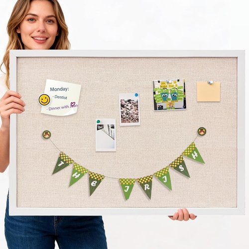 Regine Switzerland 24'' x 36'' Linen Bulletin Board - Large White Oak Frame Corkboard for Vision & Decor