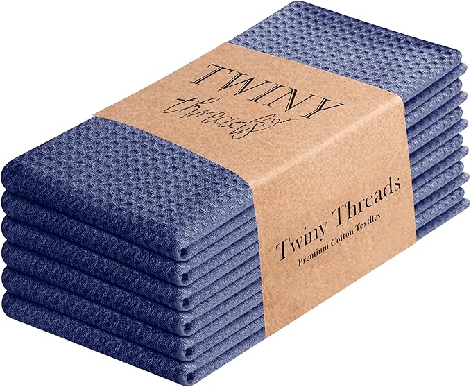 TWINY threads Kitchen Dish Towels Set of 6, 100% Cotton Waffle Weave, Absorbent Dishcloth & Tea Towel with Hanging Loop, Reusable for Table Cleaning, Quick Drying - 16x26 Inches - Indigo Blue