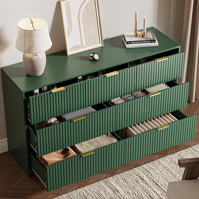 3-Piece Dresser Bedroom Set, 7 Drawer Dresser & 3 Drawer Nightstands with Gold Handles, Fluted Wood Chest of Drawers for Bedroom, Living Room, Entryway, Green