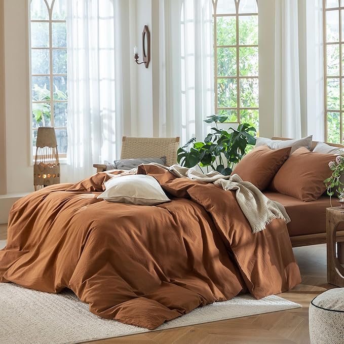 MooMee Bedding Duvet Cover Set 100% Washed Cotton Linen Like Textured Breathable Durable Soft Comfy (Solid Dark Orange, Oversized Queen 98"x98")