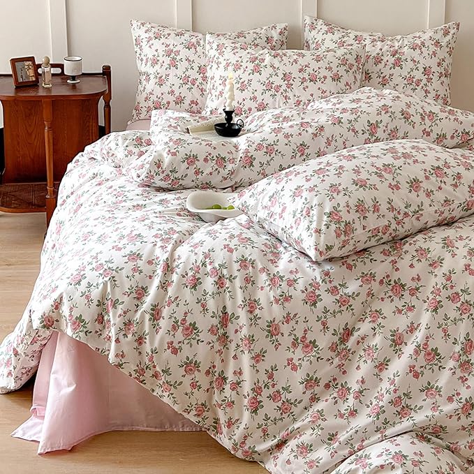 HIGHBUY Boho Floral Duvet Cover, Soft Cotton Aesthetic Pink Comforter Cover, Lightweight Soft Garden Style Bedding Set Zipper Closure Breathable (104 Inch x 90 Inch) HB03633-K