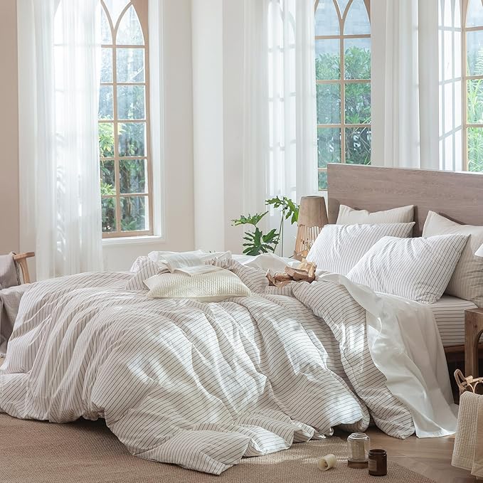 MooMee Striped Duvet Cover Set 100% Washed Cotton Linen Like Textured Breathable Durable Soft Comfy (White Orange Wide Stripes, Palatial King/Oversized King 120"x98")