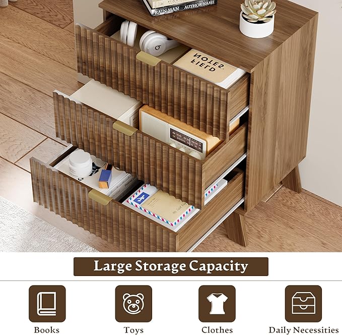 Fluted 3 Drawer Dresser for Bedroom, Mid Century Modern Beside Table with Metal Handle, Wooden Nightstand with 3 Drawers End Table for Living Room, Closet, Entryway, Walnut