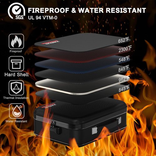 JUNDUN Fireproof Document Box - Portable Hard Case Organizer with Lock for Letter Size Files | Black