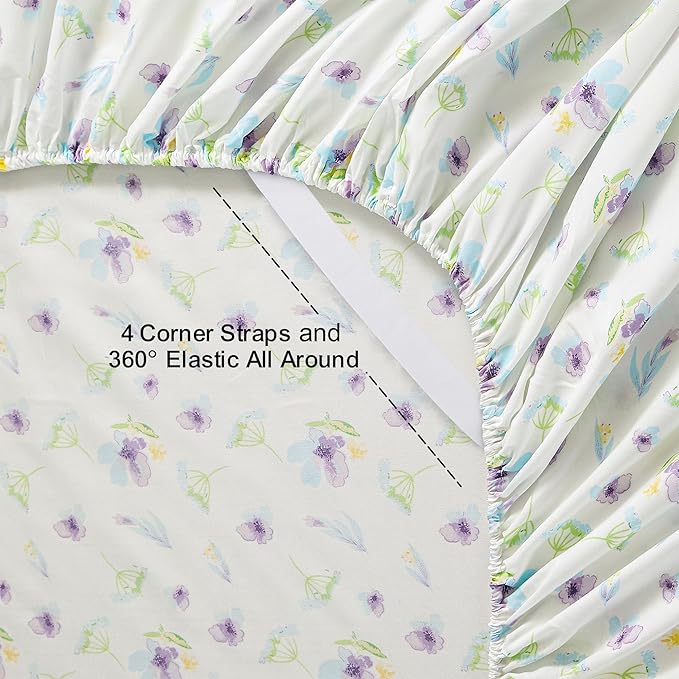 Softan Floral Queen Sheet Set Purple Flower Bed Sheets Queen Printed Sheets - 4 Piece Soft Microfiber Patterned Fitted Sheets with 15" Deep Pocket and Corner Straps, Cute Blue Flower Sheets