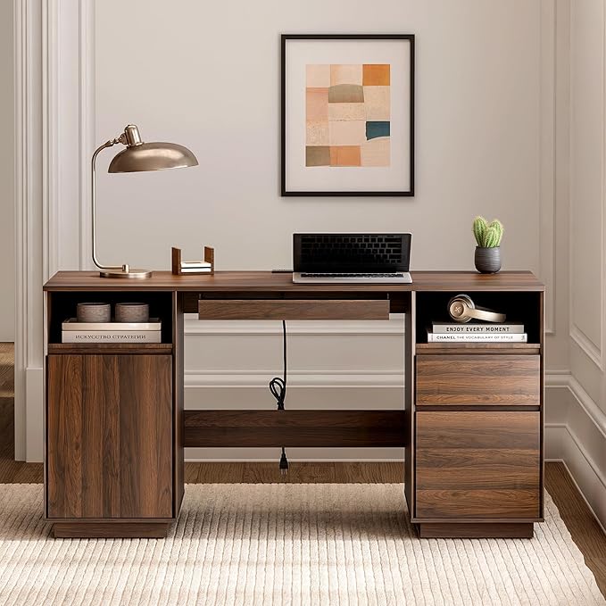 Farmhouse Executive Desk with File Drawer 59" Large Computer Desk Home Office Desk with Charging Station, Keyboard Tray, Storage Cabinet Modern Workspace for Study, Writing, Brown