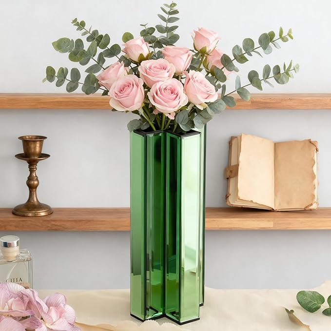SHYFOY Green Mirrored Vase - 12 Inch Tall Cross-Shaped Decorative Glass Flower Vases for Home Decor, Living Room Table Kitchen Fireplace Decor - Can’t Hold Water