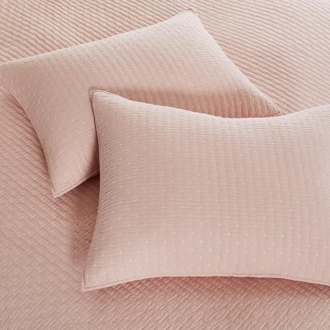 Levtex Home Cross Stitch Reversible Full/Queen Quilt Set (88x92in) with 2 Pillow Shams (26x20in) - Stitch Texture - Blush - Cotton Full/Queen Size Quilt Bedding Set - Lightweight, Soft, Pre-Washed