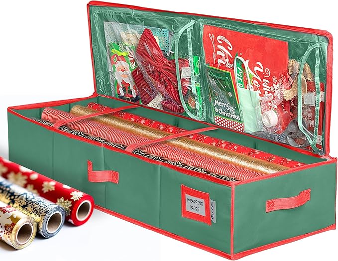 HOLDN’ STORAGE Premium Wrapping Paper Storage Container - Durable 600D Tear-Proof, Fits 27 Rolls Gift Wrap, Extra Pockets for Ribbons & Bows, Underbed Storage - Ideal for Holiday Christmas, Green