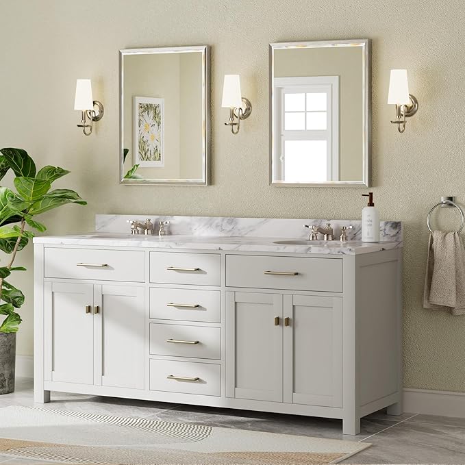 Brushed Nickel Bathroom Mirror, 24x32 Inch Beveled Framed Bathroom Mirror Anti-Rust, Brushed Nickel Metal Frame Bathroom Vanity Mirror for Wall, Vertical/Horizontal Wall-Mounted Mirrors