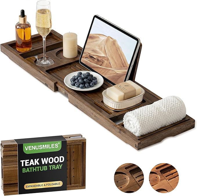 Venusmiles Teak Bathtub Tray Caddy, Foldable Bath Tray with Expandable Handles, Wine Glass and Phone Holders, Book Stand, for Home Spa Relaxation, Luxury Bathroom Accessories - Dark Walnut Color