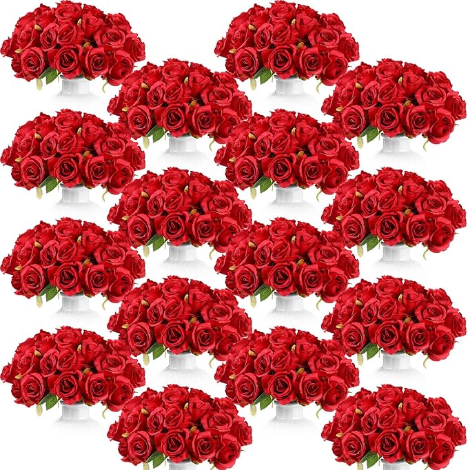 Jexine 240 Pcs Artificial Rose Flowers Bouquet Silk Realistic Flowers Bulk Centerpieces DIY Bride Fake Rose for Home Bridal Wedding Party Decorations(Red)