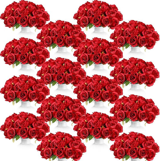 Jexine 240 Pcs Artificial Rose Flowers Bouquet Silk Realistic Flowers Bulk Centerpieces DIY Bride Fake Rose for Home Bridal Wedding Party Decorations(Red)