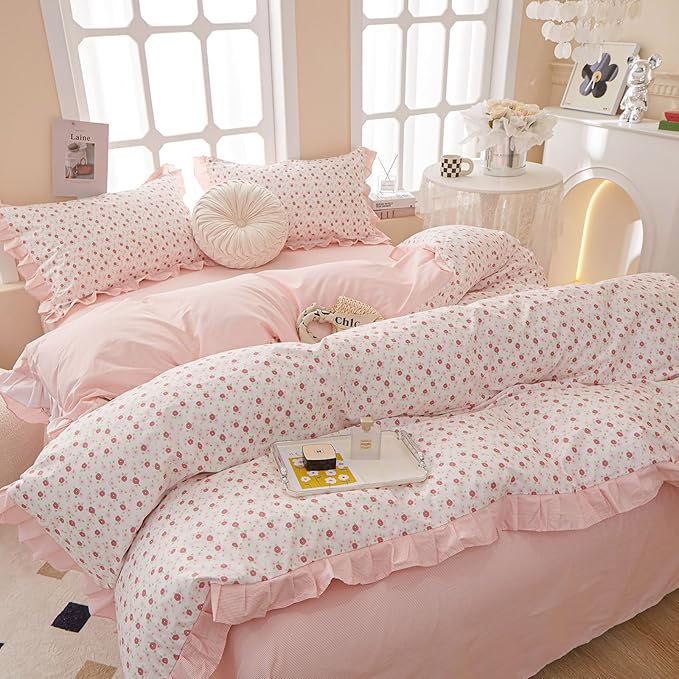 LifeTB Ruffle Duvet Cover Twin Cute Pink Red Flower Duvet Cover 100% Cotton Girls Floral Bedding Cover Reversible Pink Striped Ruffle Comforter Cover Romantic Princess Lace Bedding Set for Teen Girls