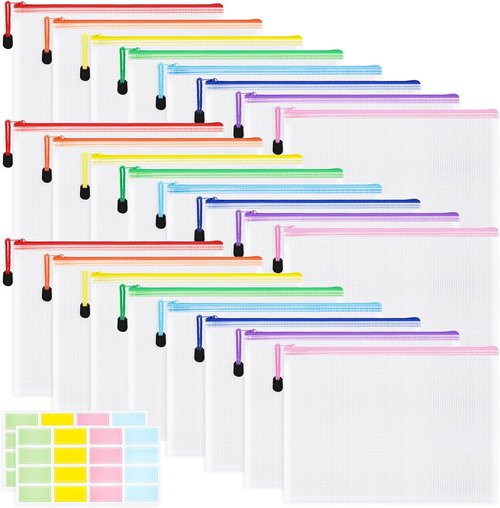 EOOUT 24pcs A4 Size Mesh Zipper Pouch Bags - Waterproof Storage for Classroom & Office Supplies