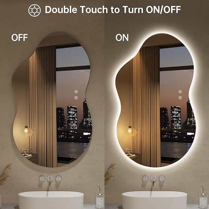 LOVESPEJO Irregular Backlit Mirror Bathroom 40x24 Inch, Asymmetrical Cloud LED Bathroom Mirror with Lights, Fogless, Dimmable, 3 Color Changing, Shatterproof,Horizontal/Vertical