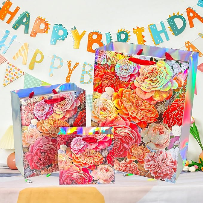 6 Pcs Gift Bags - Assorted Sizes with Tissue Paper for Mother's Day, Birthday and Celebrations (Large Red Peony Floral & Floral Label)