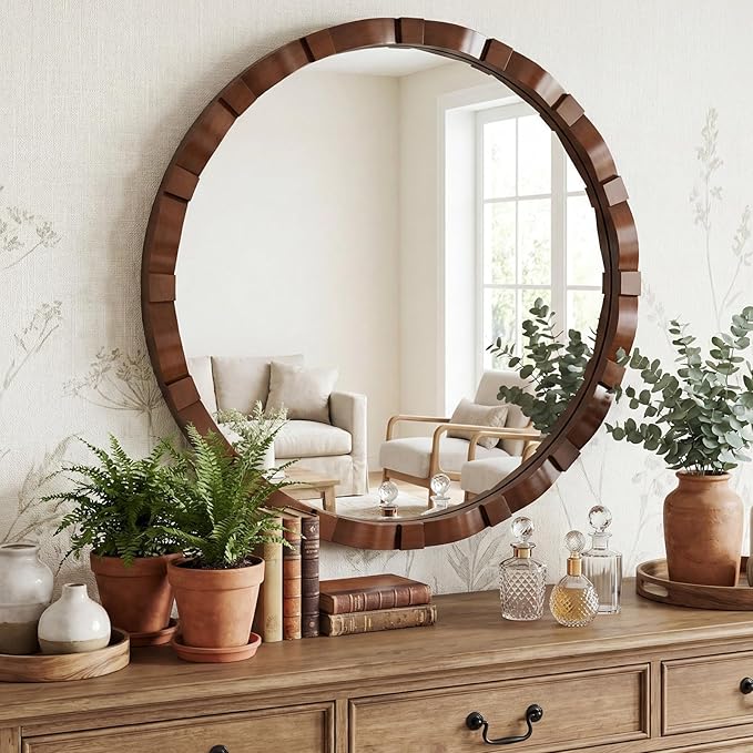 Round Wood Wall Mirror - 31.5" Farmhouse Rustic Wall Decorative Mirrors, Wooden Circle Boho Accent Mirror for Living Room, Bedroom, Bathroom, Entryway, Hallway, Fireplace (Walnut)