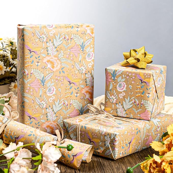 Merture Vintage Kraft Floral Wrapping Paper Roll - 17 In X 32.8 Ft(46.5 sqft) Vibrant Flower Design Gift Wrap for Mothers Day, Valentines Day, Birthday, Wedding, Anniversary, Bridal Shower